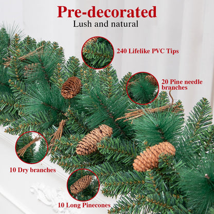 9ft Outdoor Pre-Lit Christmas Garland for Fireplace Mantel Stairs Doorway Indoor Outdoor Xmas Holiday Decoration,Battery Operated LED Lights