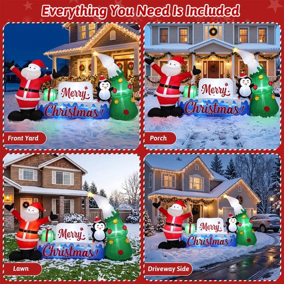 12ft Christmas Inflatables, Lighted Merry Christmas Sign with Santa, Christmas Tree, and Penguin, Giant Blow Up Outdoor Christmas Lawn Yard Decoration