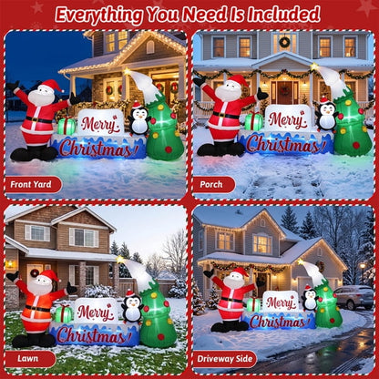 12ft Christmas Inflatables, Lighted Merry Christmas Sign with Santa, Christmas Tree, and Penguin, Giant Blow Up Outdoor Christmas Lawn Yard Decoration