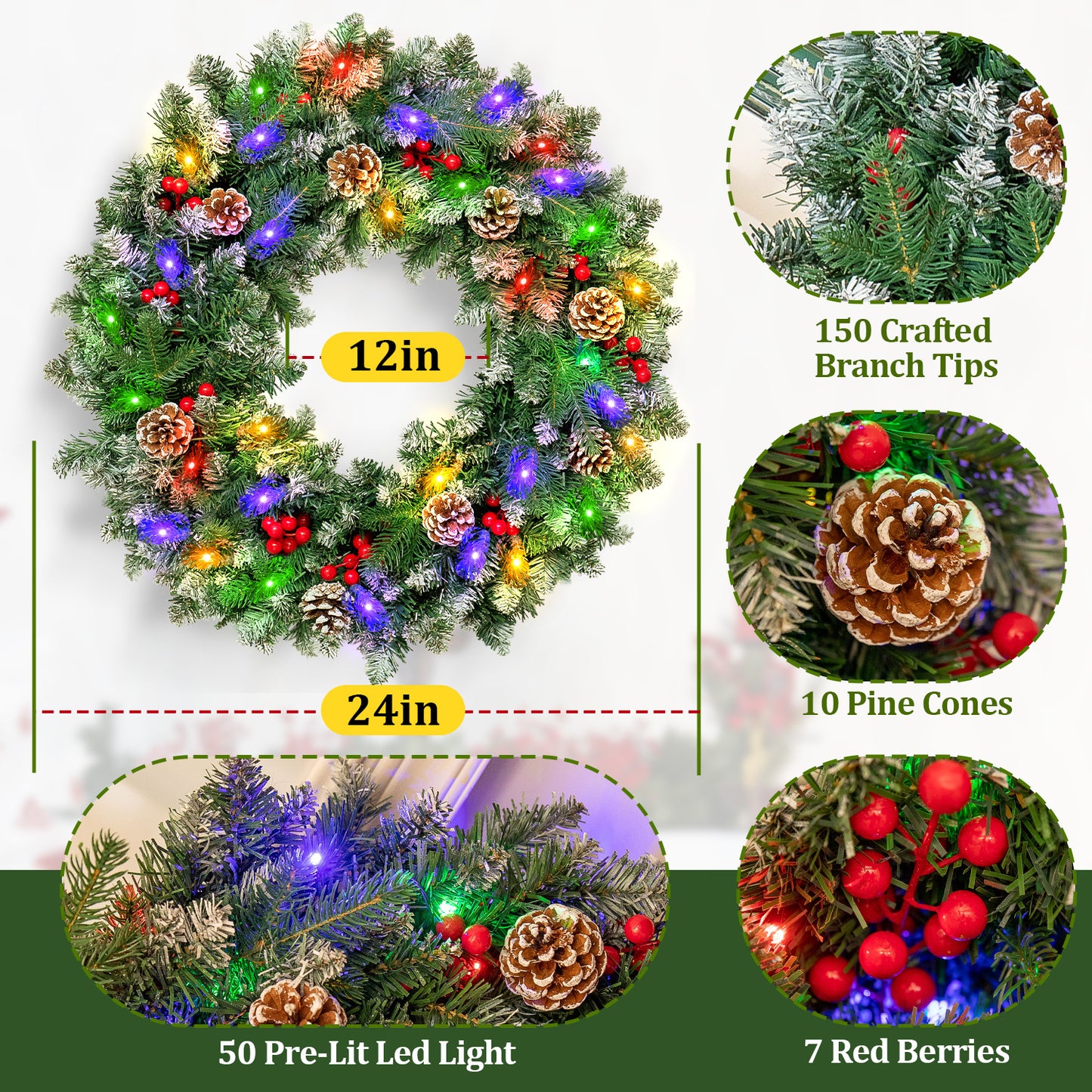24" Pre-Lit Christmas Wreaths, Outdoor Lighted Christmas Wreath for Front Door, Christmas Red Berries, Pine Cones Wreath, Xmas Wreath Decor for Window Fireplace Indoor, Green