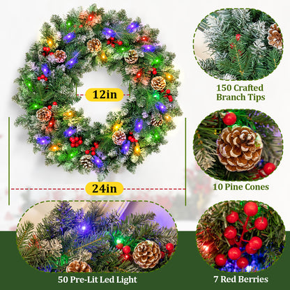 24" Pre-Lit Christmas Wreaths, Outdoor Lighted Christmas Wreath for Front Door, Christmas Red Berries, Pine Cones Wreath, Xmas Wreath Decor for Window Fireplace Indoor, Green