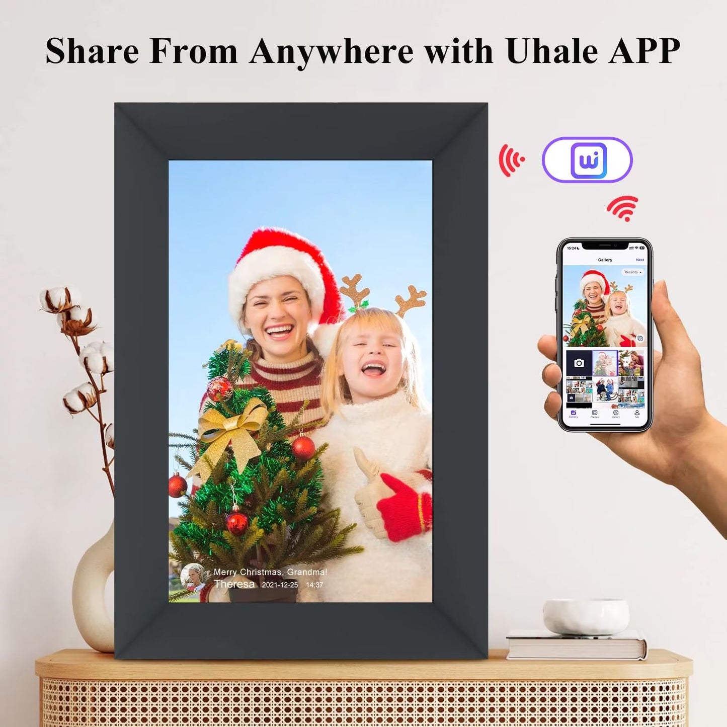 Qunler WiFi Digital Picture Frame, 10.1 inch IPS Touch Screen Smart Cloud Photo Android Uhale with 32GB Storage, Easy Setup to Share Photos or Videos via Free Uhale APP, Auto-Rotate, Wall Mountable