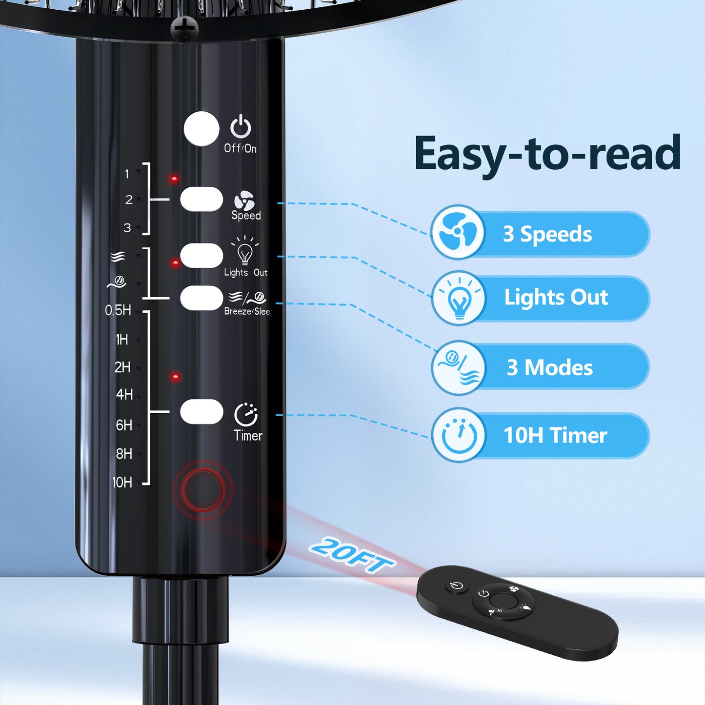 Qunler 18" Oscillating 3-Speed Pedestal Fan with Remote and Timer, Adjustable Quiet Stand Up Fan for Home and Bedroom, Black