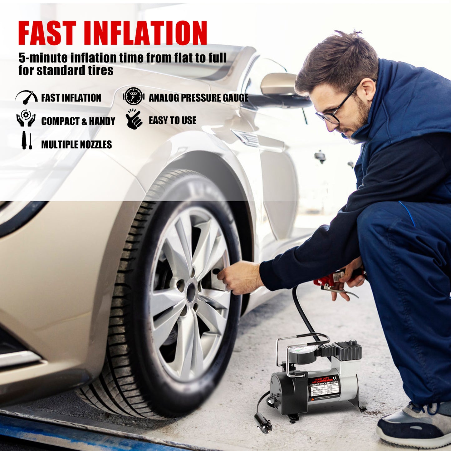 iFanze Tire Inflator Portable Air Compressor Pump DC 12V Tire Inflator for Car, Air Pumps with Mechanical Pressure Gauge for Car, Bicycle, Motorcycle, Basketball