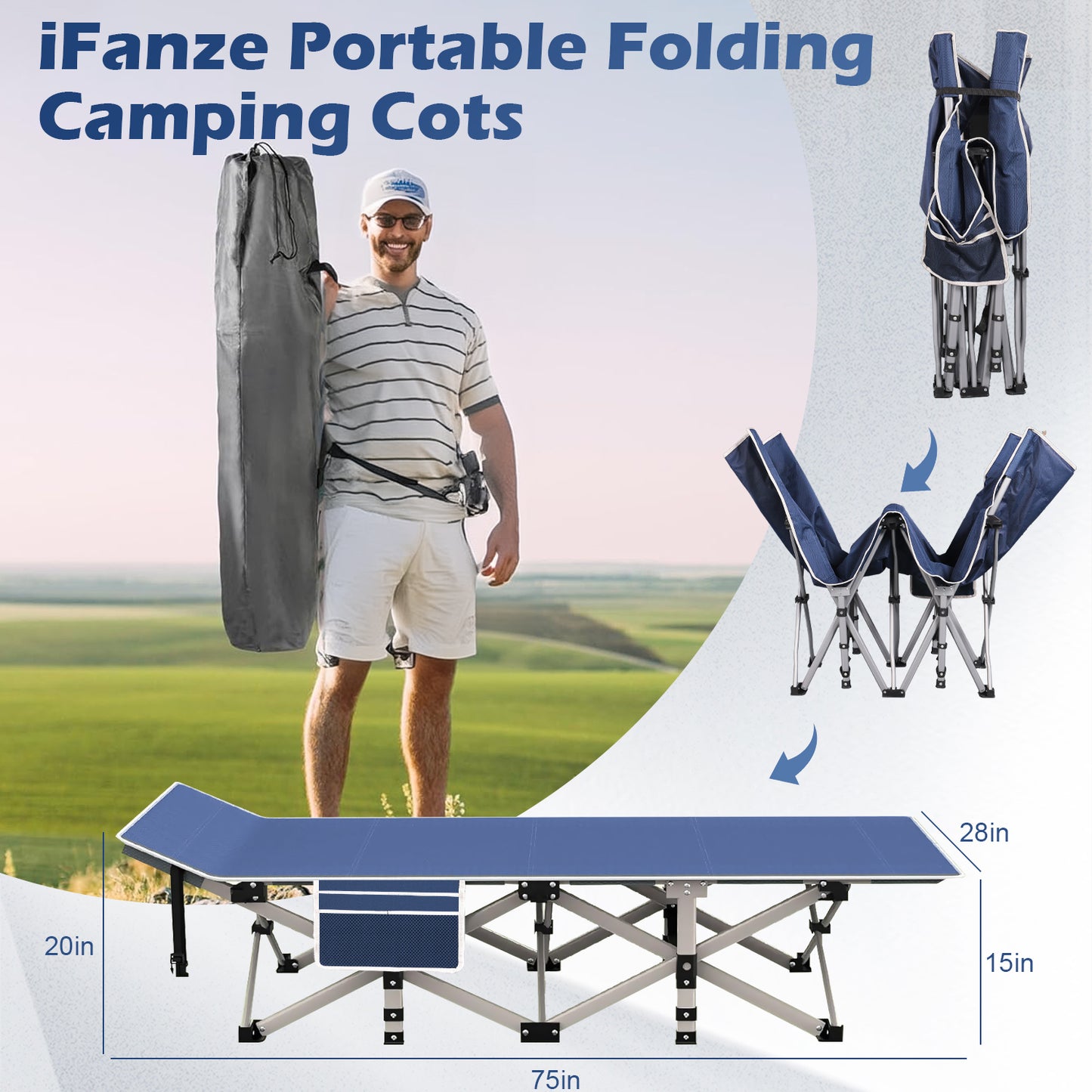 Qunler Folding Camping Cot for Adults, 75"* 28" Portable Guest Bed with 4 Inch Double-Sided Velvet Mattress, 600lbs Loading Sleeping Cot with Carry Bags for Hiking Home Office and Vacation, Blue