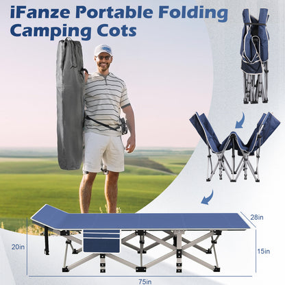 Qunler Folding Camping Cot for Adults, 75"* 28" Portable Guest Bed with 4 Inch Double-Sided Velvet Mattress, 600lbs Loading Sleeping Cot with Carry Bags for Hiking Home Office and Vacation, Blue