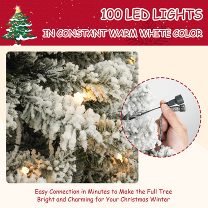 Qunler 4FT Pre-Lit Flocked Christmas Tree with 360 Branch Tips, Snow Artificial Xmas Tree with 120 LED Lights for Holiday, Outdoor, Indoor, Home