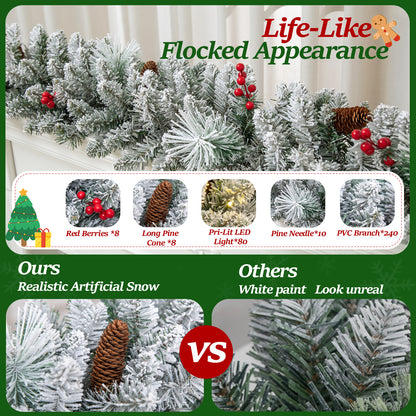 iFanze 9 FT Pre-Lit Christmas Garland with Lights for Outdoor Indoor, Lighted Pine Cone Snow Christmas Garlands with 80 LED Battery Powered String Light for Xmas Party Home Fireplace Front Decor