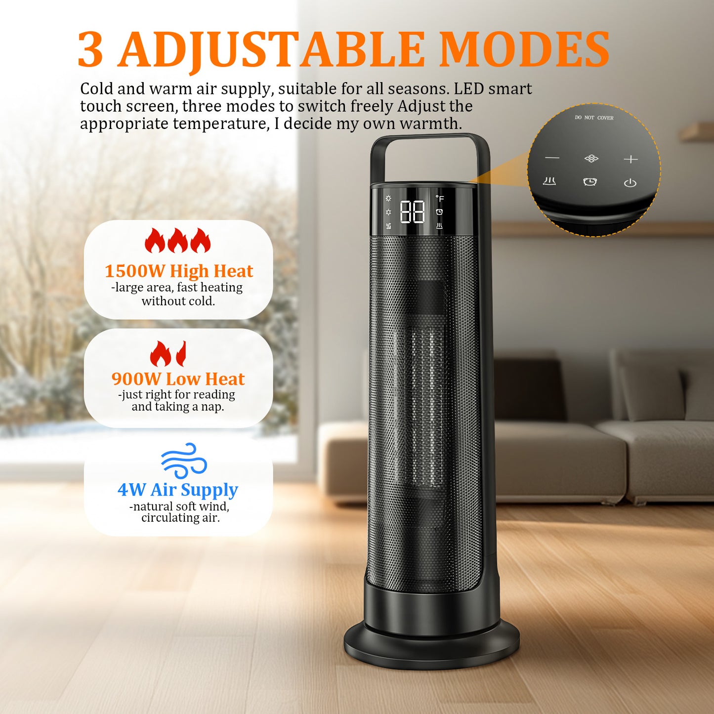 21" Space Heaters for Indoor Use, 1500W Fast Heating 50° Oscillating Portable Electric PTC Ceramic Heater, with Thermostat, Overheat Protection, 12H Timer, 3 Modes, Black