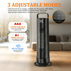 21" Space Heaters for Indoor Use, 1500W Fast Heating 50° Oscillating Portable Electric PTC Ceramic Heater, with Thermostat, Overheat Protection, 12H Timer, 3 Modes, Black