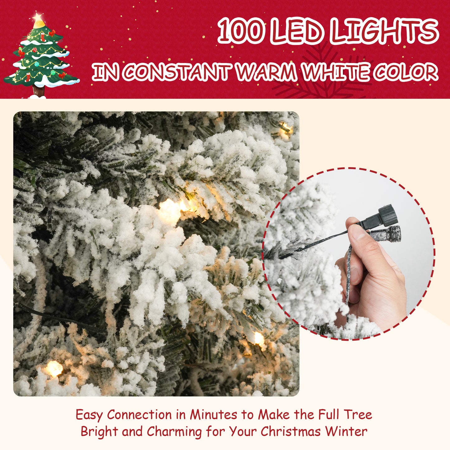 Qunler 4FT Pre-Lit Flocked Christmas Tree with 360 Branch Tips, Snow Artificial Xmas Tree with 100 LED Lights for Holiday, Outdoor, Indoor, Home