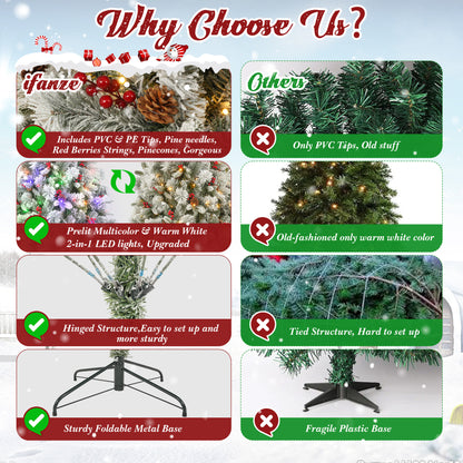 Qunler Pre-Lit Snow Flocked Christmas Tree, 7.5ft Artificial Snowy Pine Tree with 8 LED Light Modes & Sturdy Metal Base, Ideal for Home Office Party Xmas Holiday Decorations