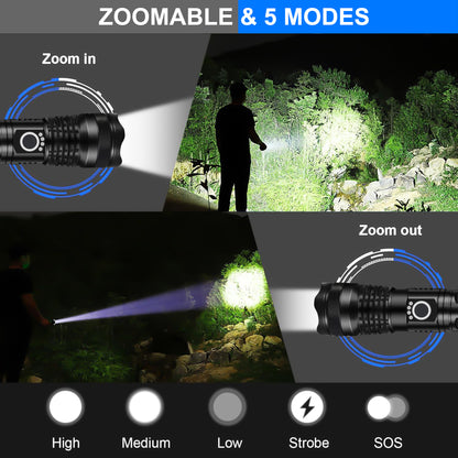 90000 Lumens Powerful Flashlight, USB Rechargeable Waterproof XHP70 Searchlight Super Bright 5 Modes LED Flashlight Zoom Bar Torch for Hiking Hunting Camping Outdoor Sport (Battery Included)