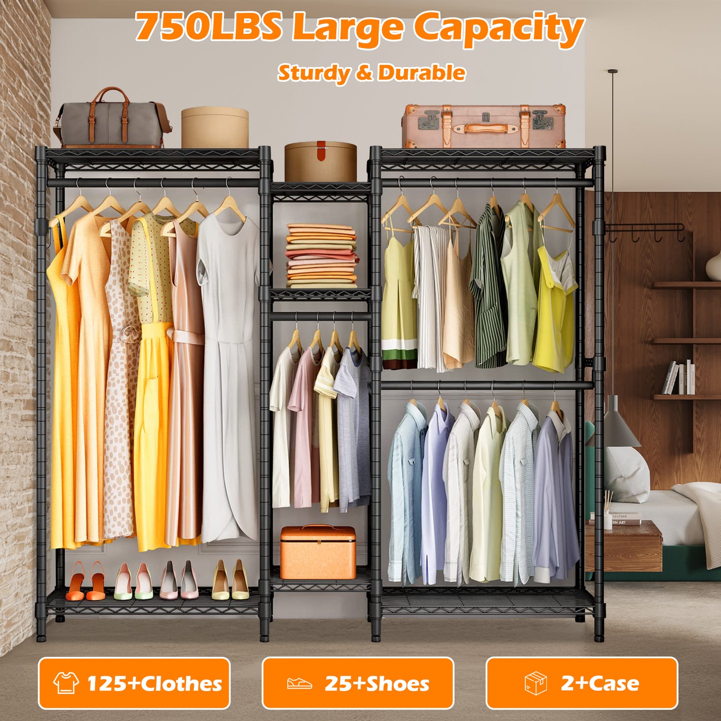 Qunler Portable Closet Garment Rack, Adjustable Heavy Duty Clothes Rack, 72" L x 15.7" W x 76.8" H Freestanding Wire Shelving Custom Clothing Rack, Metal Wardrobe Max Load 750 LBS, Black