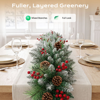 Qunler 9ft Outdoor Pre-Lit Christmas Garland with Lights & Timer for Fireplace Mantel Indoor Outdoor Christmas Decoration, 8 Modes, Battery Operated, Green