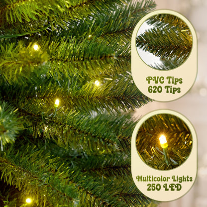 7ft Pre-Lit Pencil Christmas Tree, 663 Tip Artificial Xmas Tree with 250 Dual-Color LEDs, 10 Lighting Modes, Metal Stand, Green