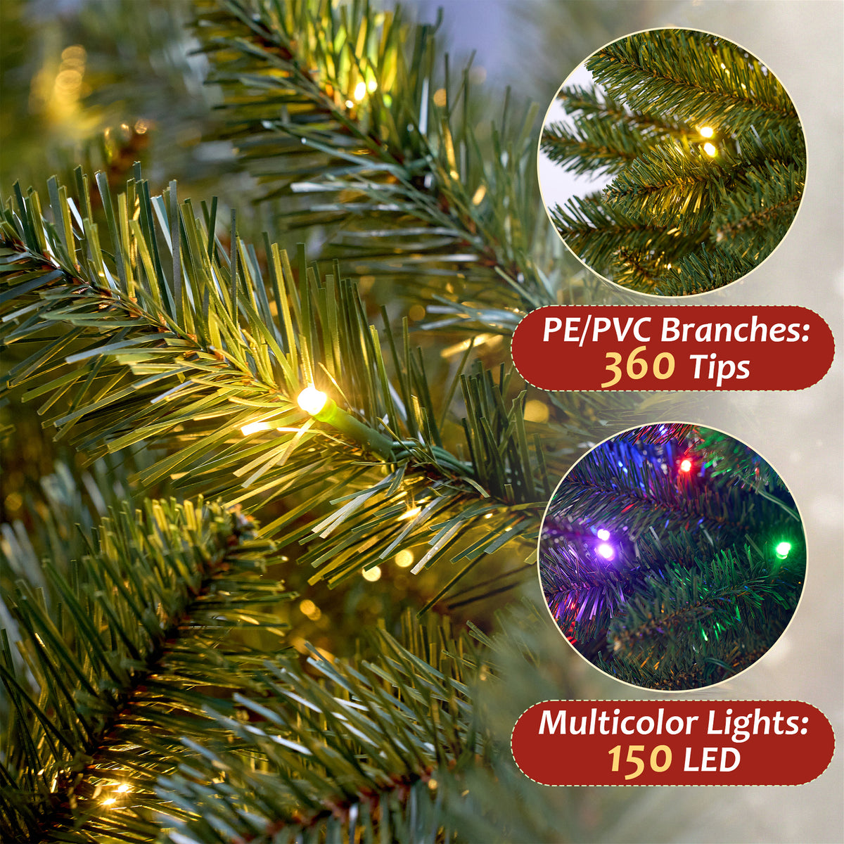 Pre-Lit Christmas Tree, 4ft Artificial Green Christmas Tree with 150 Warm White & Multicolor 10 Modes LED Lights, 360 Lifelike Branch Tips, Metal Stand