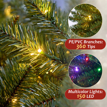 Pre-Lit Christmas Tree, 4ft Artificial Green Christmas Tree with 150 Warm White & Multicolor 10 Modes LED Lights, 360 Lifelike Branch Tips, Metal Stand
