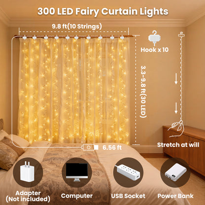 9.9x9.9ft Window Curtain String Light, 300 Waterproof LED Twinkle Lights, 8 Modes Fairy Lights USB Remote Control Lights for Christmas Bedroom Party Wedding Home Garden Wall Decorations