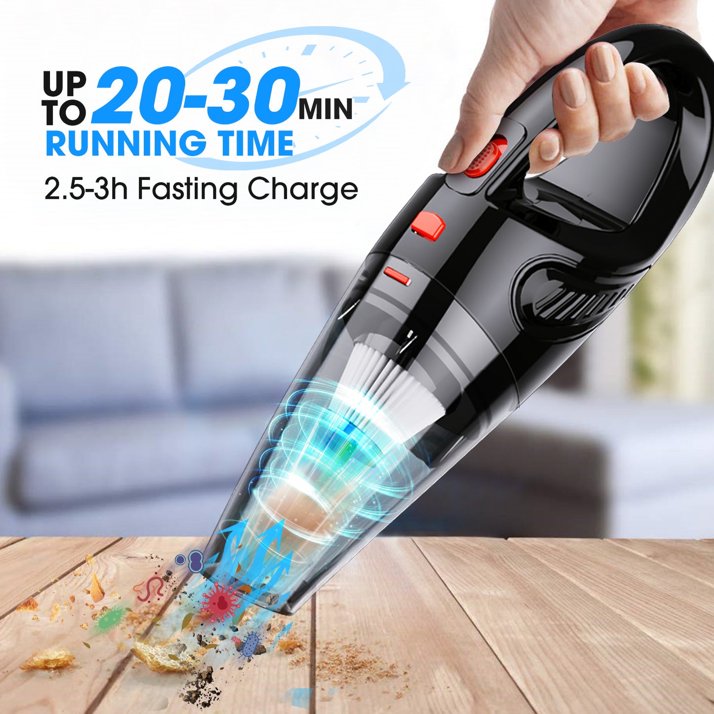 Handheld Vacuum Cordless, 6KPA Powerful Cyclonic Suction Vacuum Cleaner, Portable Car Vacuum Cleaner, Quick Charge Handheld Vacuum with Washable HEPA Filter for Car