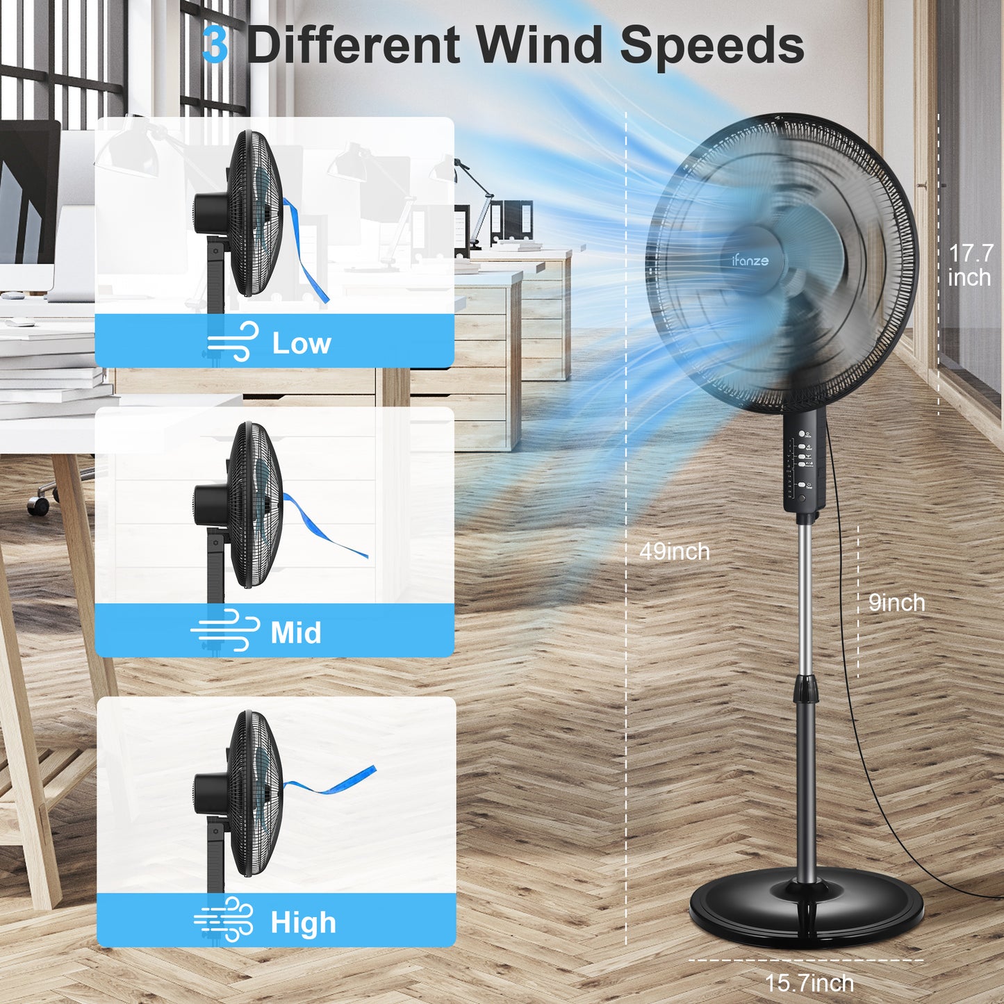 16" Dual-Blade Pedestal Fan, 90W Oscillating Standing Fan with Remote, 3 Speeds Settings, 40"- 49" Height Adjustable, 8H Timer, Tilt Head Floor Fan for Home, Living Room, Office Use