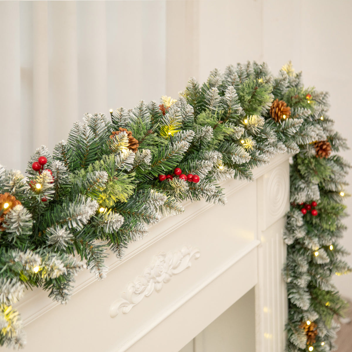 Qunler 9ft Outdoor Pre-Lit Christmas Garland with Lights & Timer for Fireplace Mantel Indoor Outdoor Christmas Decoration, 8 Modes, Battery Operated, Green