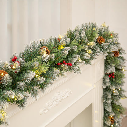 Qunler 9ft Outdoor Pre-Lit Christmas Garland with Lights & Timer for Fireplace Mantel Indoor Outdoor Christmas Decoration, 8 Modes, Battery Operated, Green