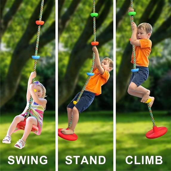 Qunler Tree Swing for Kids, 3-in-1 Climbing Rope with Disc Seat and 4 Platforms, Swing Set Accessories for Indoor & Outdoor Treehouse, Red