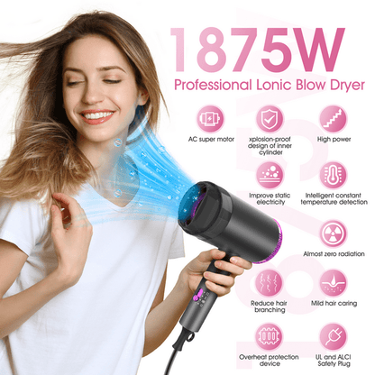 eTopeak Ionic Hair Dryer, 1875W Professional Foldable Blow Dryer Safety Upgraded, Negative Ion Technolog, 3 Heating/2 Speed/Cold Settings, Contain 1 Nozzles and 1 Diffuser, for Home Salon Travel Kids