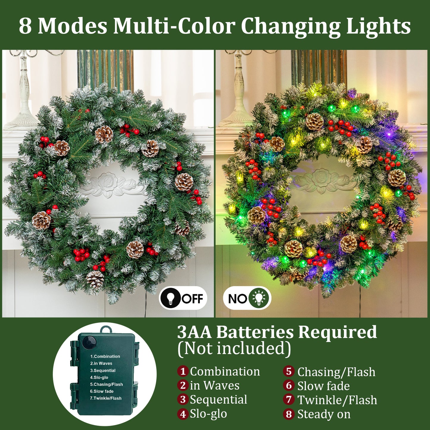 24" Pre-Lit Christmas Wreaths, Outdoor Lighted Christmas Wreath for Front Door, Christmas Red Berries, Pine Cones Wreath, Xmas Wreath Decor for Window Fireplace Indoor, Green