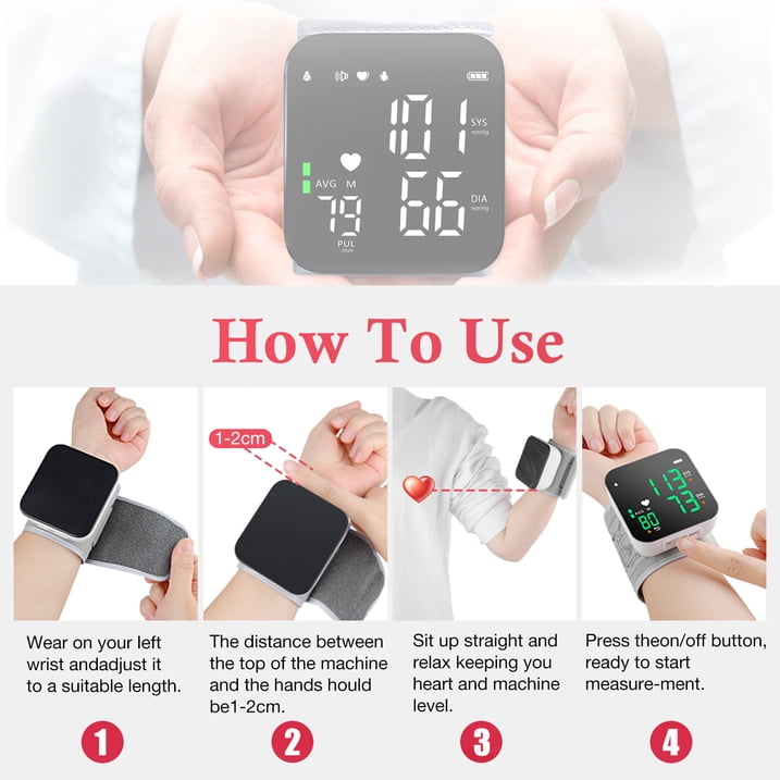 Qunler Rechargeable Wrist Blood Pressure Monitor, Portable Automatic BP Machine with Voice Broadcast and Large LCD Display, White