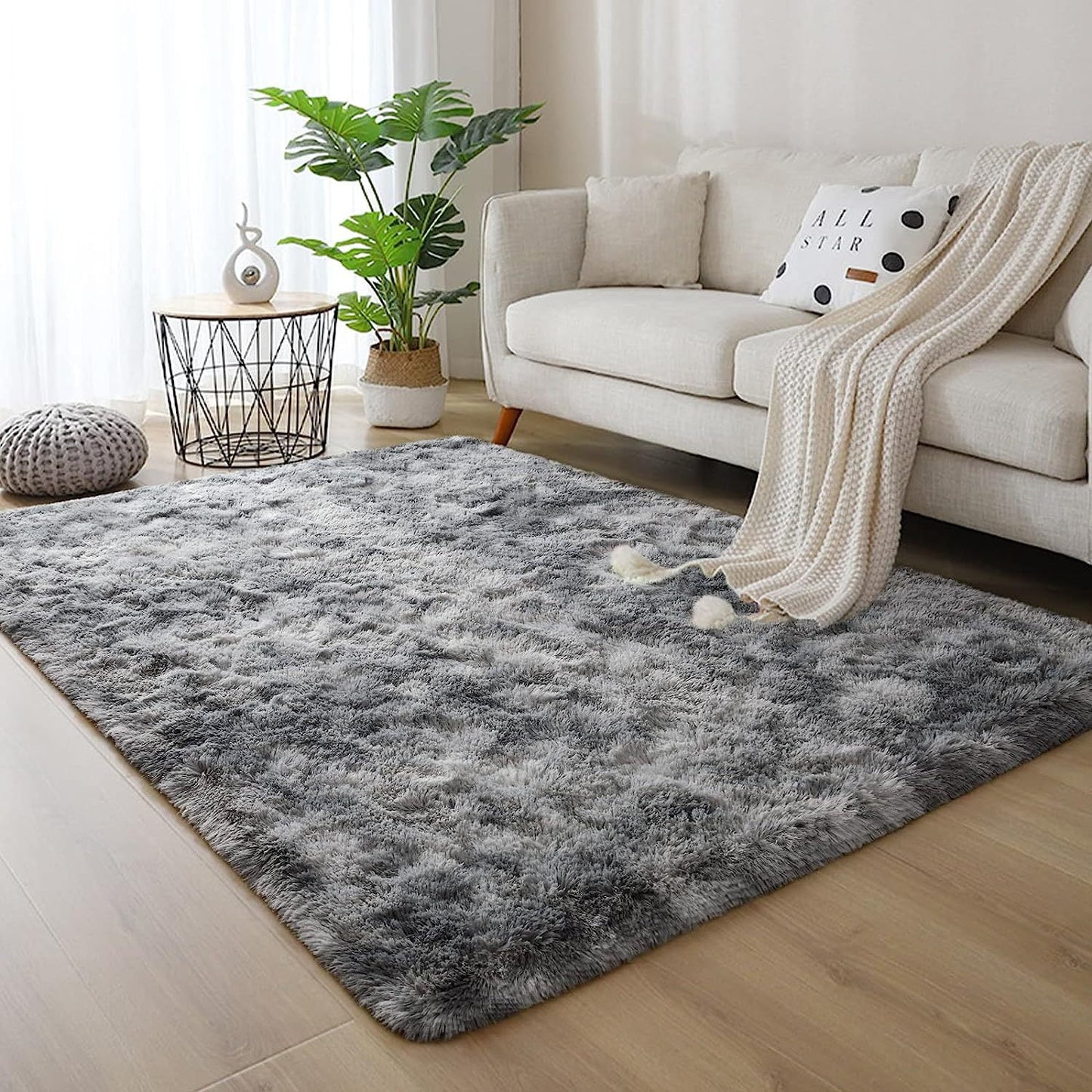 Qunler Large Area Rug, 5ft x 8ft Shag Living Room Rug, Indoor Modern Tie-dye Area Rugs for Bedroom, Rectangle Fluffy Home Carpets, Gray