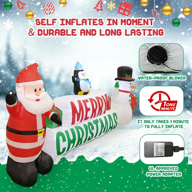 iFanze 10ft Long Christmas Inflatables, Lighted Merry Christmas Sign with Santa Claus, Snowman, and Penguin, Giant Blow Up Outdoor Christmas Lawn Yard Decoration