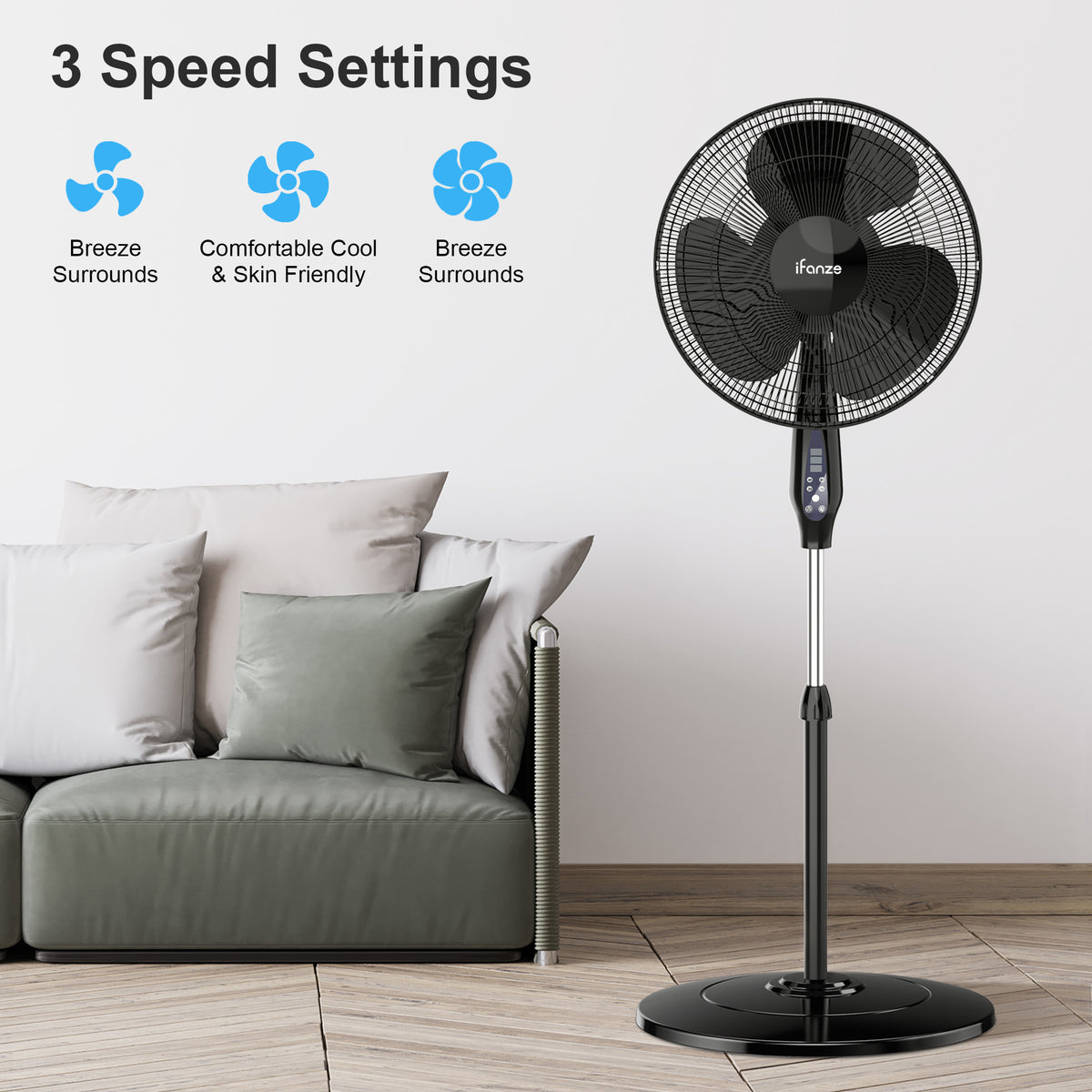 16'' Pedestal Oscillating Fan with Remote Control, Stand Up Fan Adjust ...