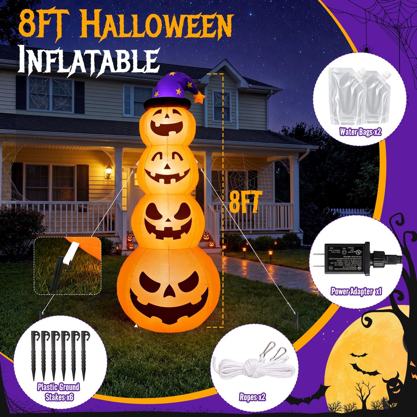 8 ft Halloween Pumpkin Stack Inflatable Decoration with Witch Hat, Lighted Blow up Yard Decor for Outdoor Lawn Garden