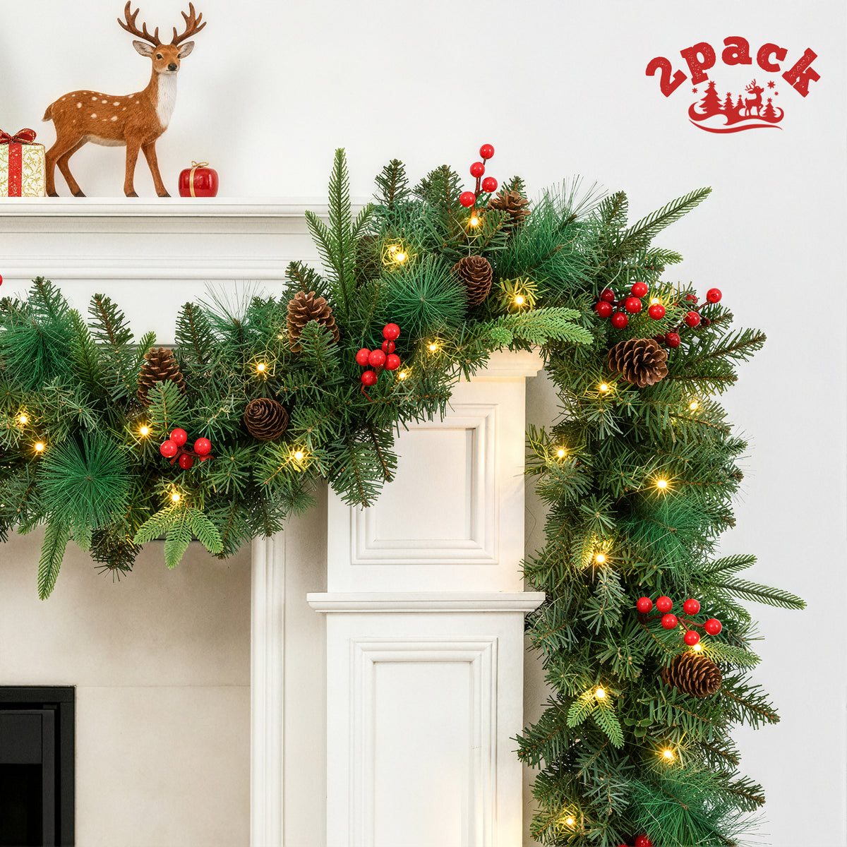 2Pack Pre-Lit 9ft Christmas Garland, Artificial Garland with Lights 300 Tips for Outdoor Indoor Door Stairs Front Fireplace Mantel Porch ,Green