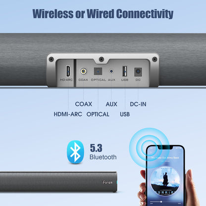 Sound Bar for TV, HDMI Optical AUX Coaxial USB Wired & Wireless Connection Bluetooth Soundbar, Smart TV Sound Bar with Built-in Subwoofers, Remote Control, Gray