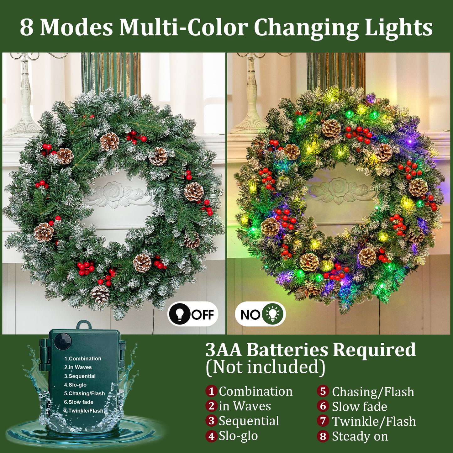 24" Pre-Lit Christmas Wreaths, Outdoor Lighted Christmas Wreath for Front Door, Christmas Red Berries, Pine Cones Wreath, Xmas Wreath Decor for Window Fireplace Indoor, Green