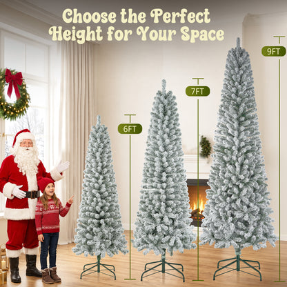 7ft Pre-Lit Snow Flocked Pencil Christmas Tree Hinged Slim Skinny Corner Xmas Tree with 300 Warm & Multicolor Lights & 640 Snow Branch Tips