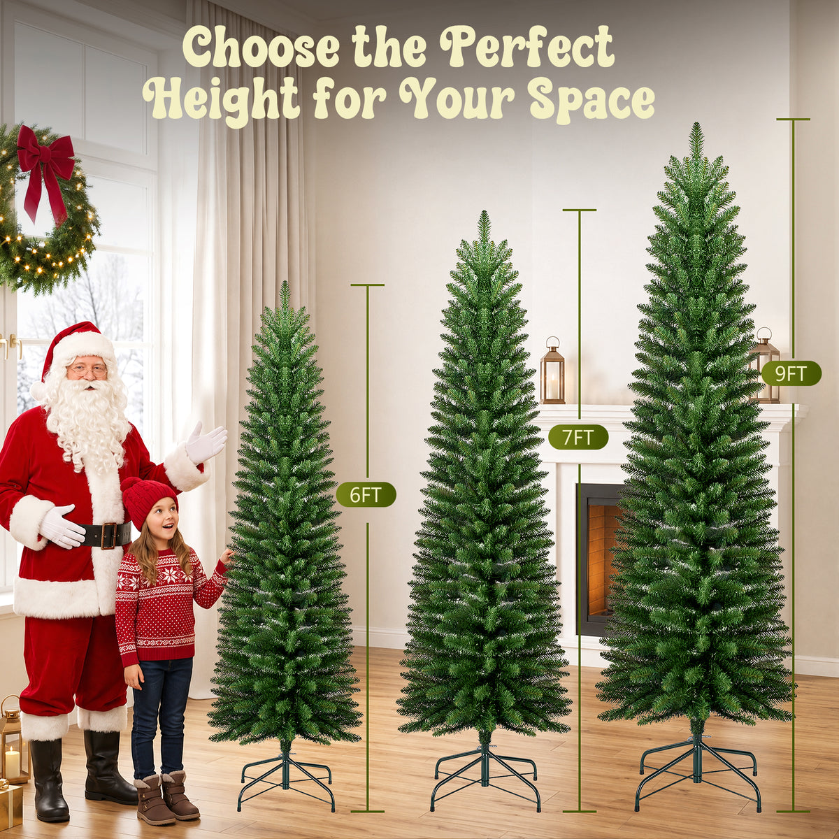 7ft Pre-Lit Pencil Christmas Tree, 663 Tip Artificial Xmas Tree with 250 Dual-Color LEDs, 10 Lighting Modes, Metal Stand, Green