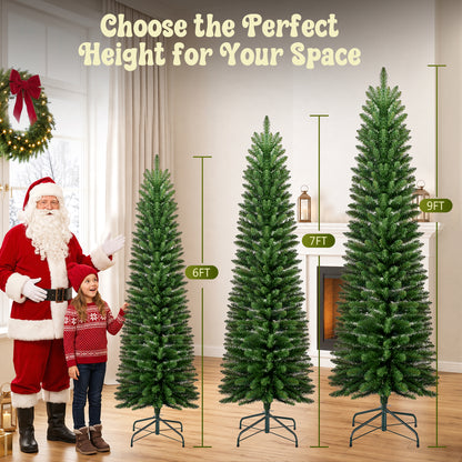 7ft Pre-Lit Pencil Christmas Tree, 663 Tip Artificial Xmas Tree with 250 Dual-Color LEDs, 10 Lighting Modes, Metal Stand, Green