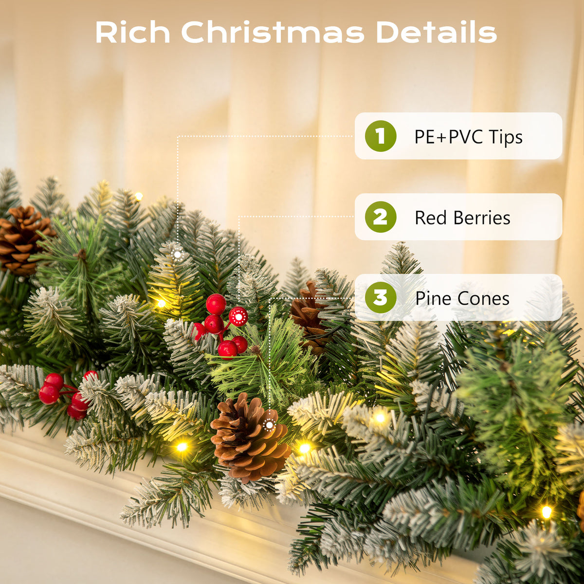 Qunler 9ft Outdoor Pre-Lit Christmas Garland with Lights & Timer for Fireplace Mantel Indoor Outdoor Christmas Decoration, 8 Modes, Battery Operated, Green