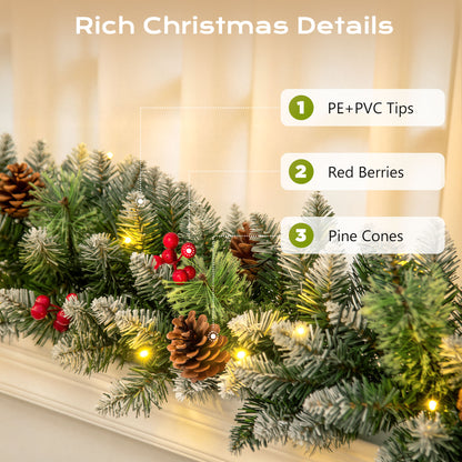 Qunler 9ft Outdoor Pre-Lit Christmas Garland with Lights & Timer for Fireplace Mantel Indoor Outdoor Christmas Decoration, 8 Modes, Battery Operated, Green