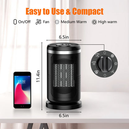 1500W Portable Electric Space Heater, Ceramic Heater with Thermostat, 90°Oscillation, Safe and Quiet for Office Room Desk Indoor Use, Black