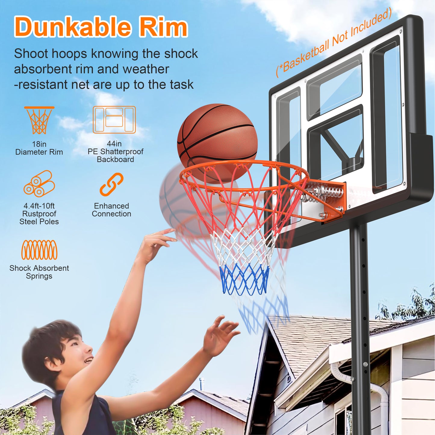 Qunler 44" Portable Basketball Hoop System, 4.4-10 ft Height Adjustable Basketball Goal System with Wheels and Shatterproof Backboard and Large Base for Adults Kids Outdoor Indoor Court