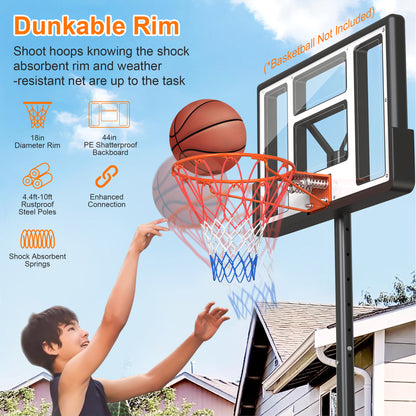 Qunler 44" Portable Basketball Hoop System, 4.4-10 ft Height Adjustable Basketball Goal System with Wheels and Shatterproof Backboard and Large Base for Adults Kids Outdoor Indoor Court