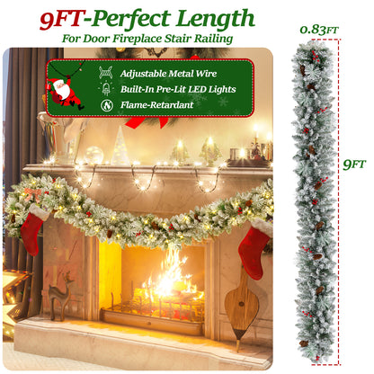 iFanze 9 FT Pre-Lit Christmas Garland with Lights for Outdoor Indoor, Lighted Pine Cone Snow Christmas Garlands with 80 LED Battery Powered String Light for Xmas Party Home Fireplace Front Decor