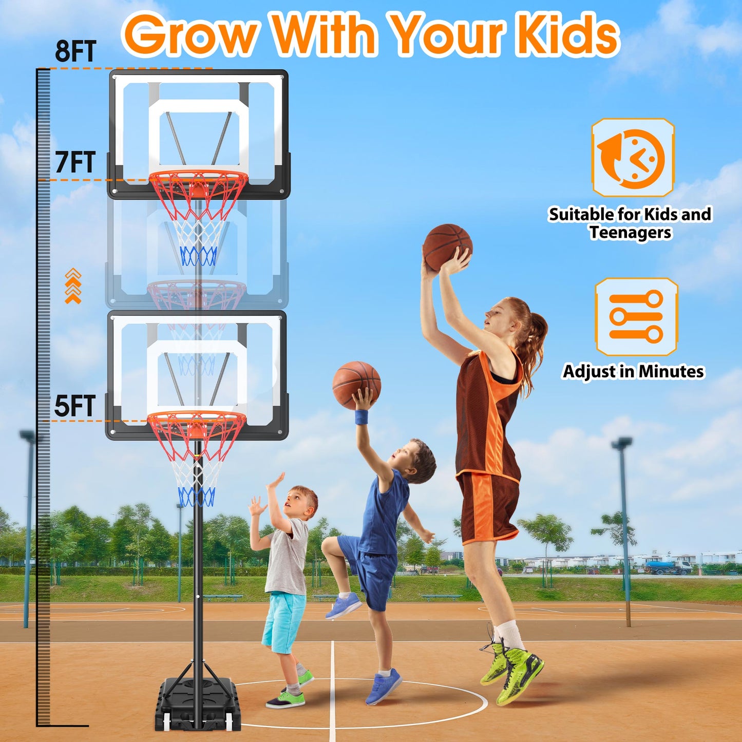 Qunler Basketball Hoop with 5-8ft Adjustable Height for Kids Teenagers Youth Junior, 33'' Portable Basketball Hoop with Stand & Backboard Wheels for Basketball Goals Indoor Outdoor Play