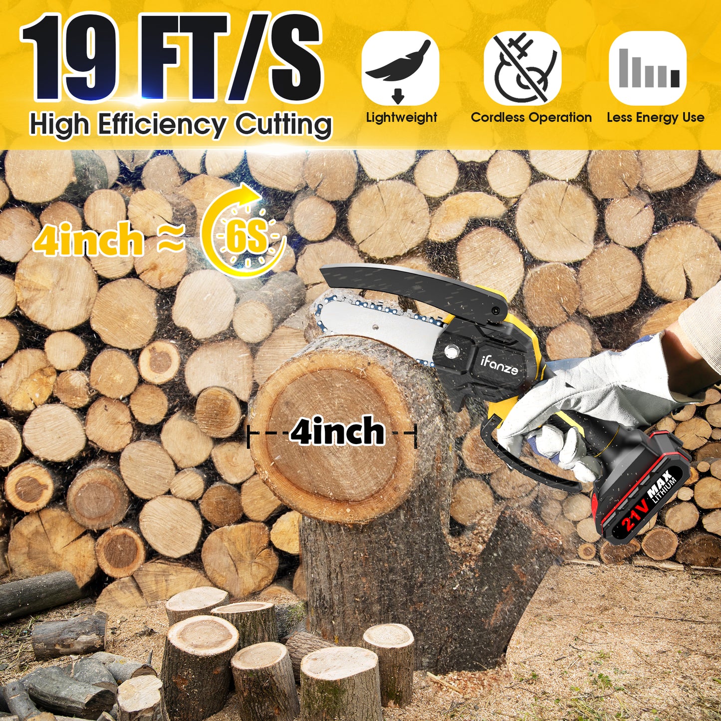 4 inch Mini Chainsaw with 2 Battery, Portable Cordless Lightweight Handled Chain Saws for Wood Cutting Tree Trimming - Black