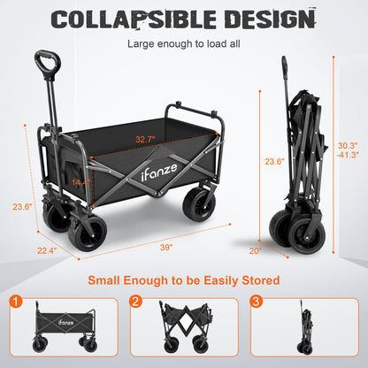 Collapsible Folding Wagon, 560LBS Large Heavy Duty Utility Garden Cart with All-Terrain Wheels and Adjustable Handles for Shopping Camping Sports Outdoor Beach, Black